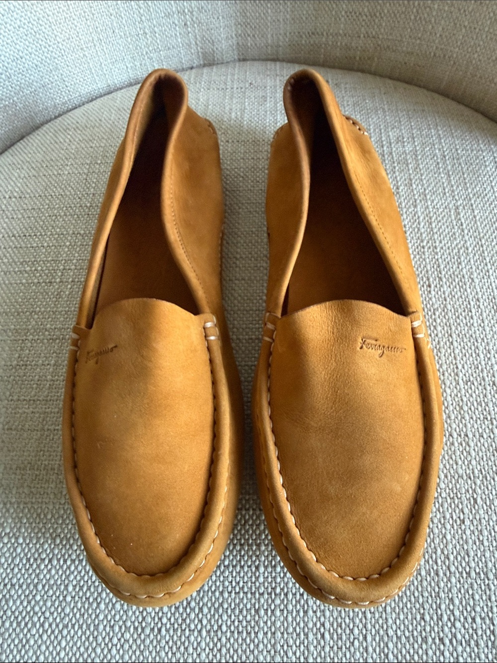 Salvatore Ferragamo Womenโs Suede Slip-On Loafers in Cognac